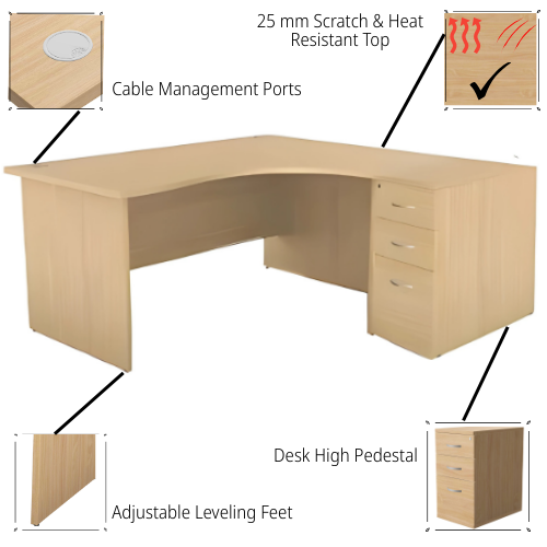 Radial Right Hand Corner Office Desk - Panel End - W1600xD1200xH725mm - Beech with 3 Drawer Desk High Pedestal 600mm Additional Image 2